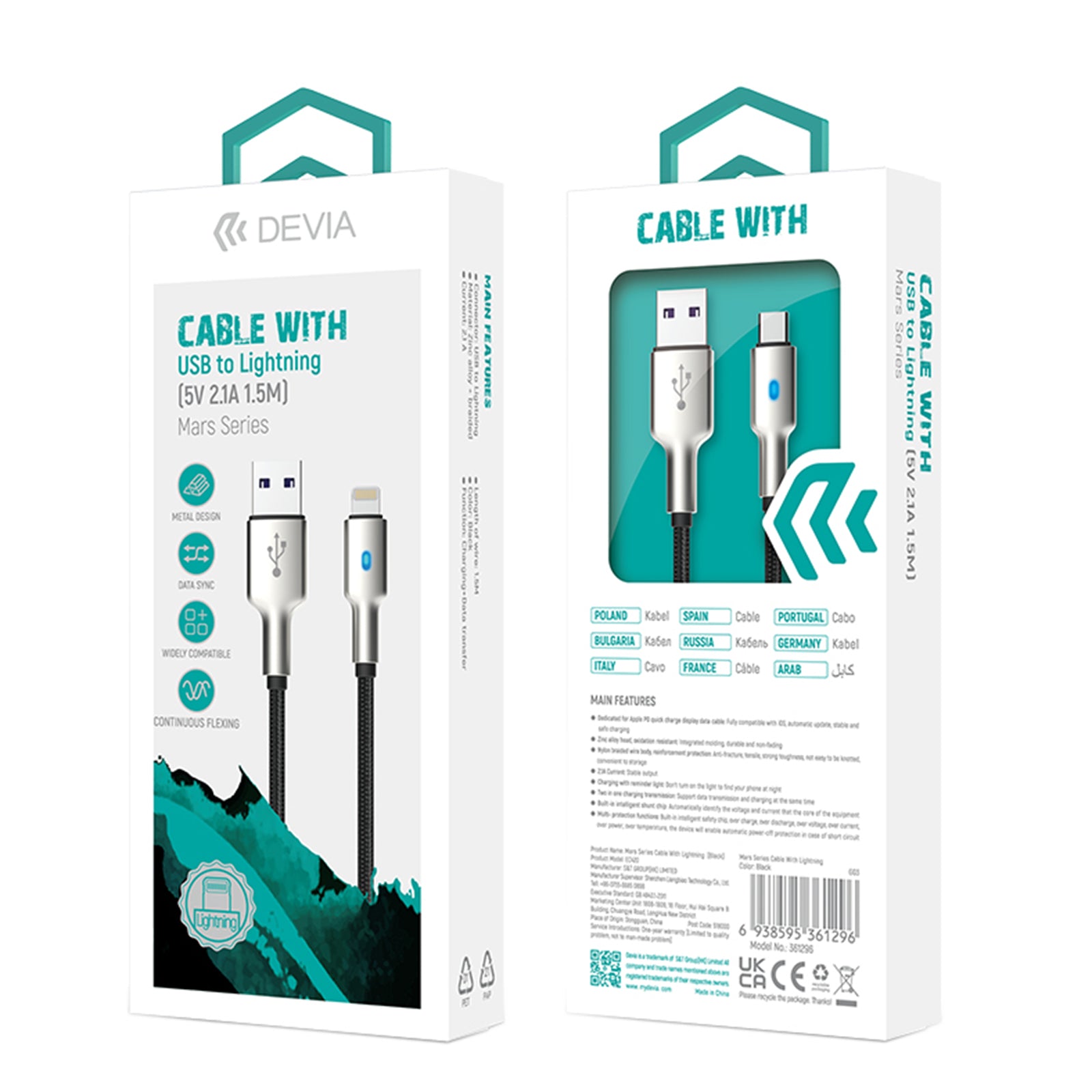DEVIA Mars Series EC420 1.5m USB-A to Lightning 2.1A Phone Charging Cable Data Sync DEVIA Mars Series EC420 1.5m USB-A to Lightning 2.1A Phone Charging Cable Data Sync